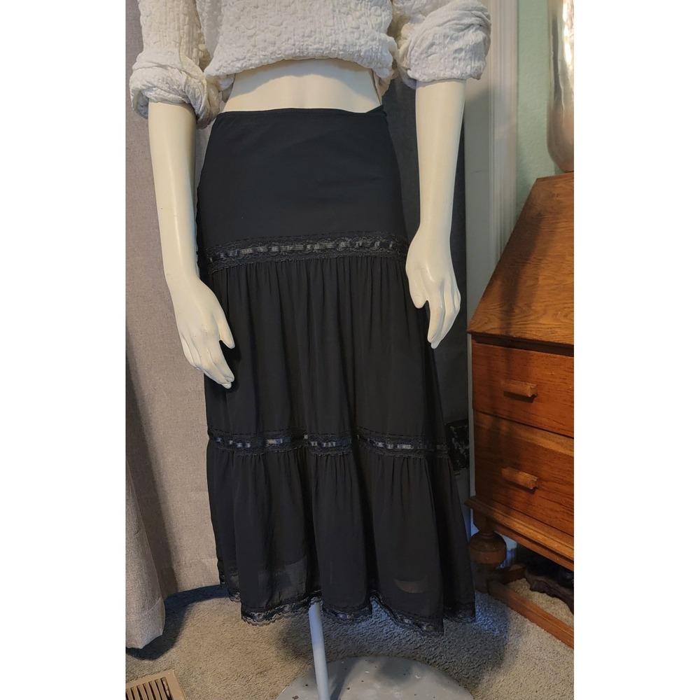 Vtg Tiered Maxi Black‎ Lace Flowy midi Skirt Lily USA Whimsigoth SZ PM Fairygoth